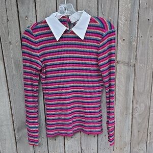 Trina Turk Striped Long Sleeve Top with White Collar